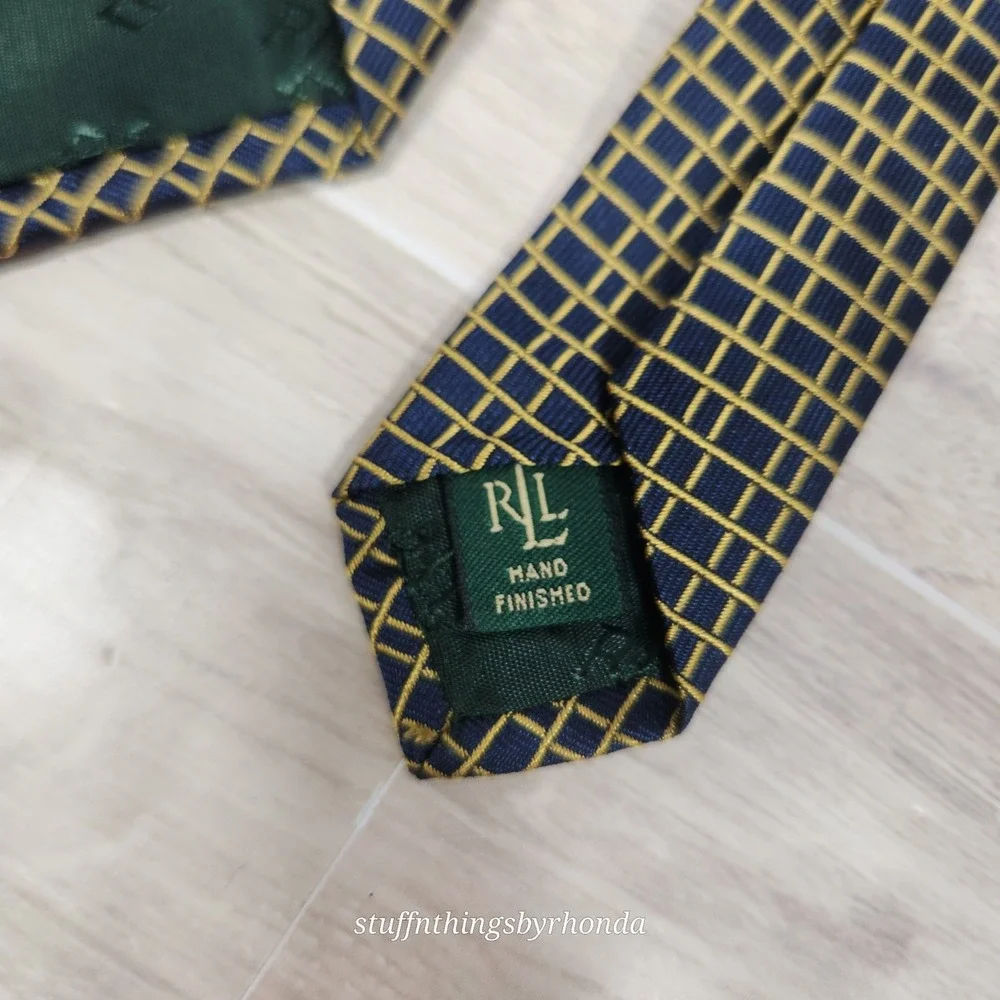 Lauren Ralph Lauren 100%‎ Silk Textured Men's NeckTie Navy With Yellow X-long